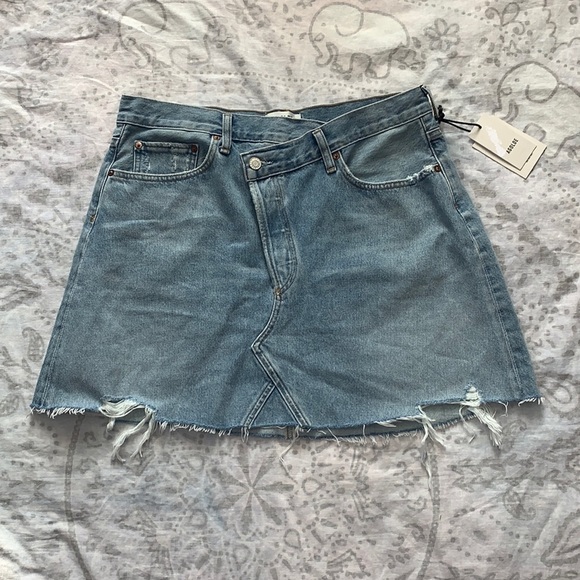NWT AGOLDE Criss Cross Symbol Jean Denim Skirt Distressed Light Blue Wash Sz 31 - Picture 2 of 13